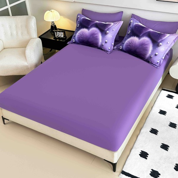 Lenjerie Pat 6 Piese 5D cu Cearșaf Elastic – Inimă Violet cu Cristale, LFL-076
