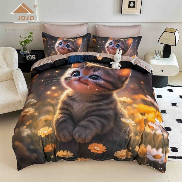 Lenjerie Pat 6 Piese 5D cu Cearșaf Elastic – Model Pisicuță în Flori, Design Realist, LFL-077