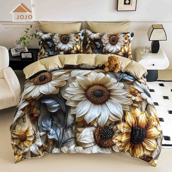 Lenjerie Pat 6 Piese 5D cu Cearșaf Elastic – Model Floral Bej cu Flori Mari, LFL-079