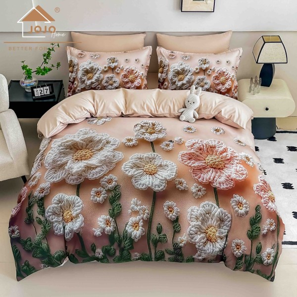Lenjerie Pat 6 Piese 5D cu Cearșaf Elastic – Model Floral 3D Bej-Roz, LFL-081