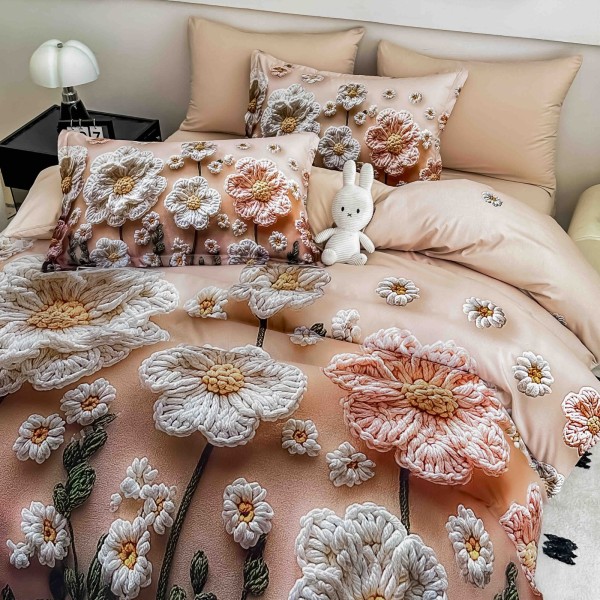 Lenjerie Pat 6 Piese 5D cu Cearșaf Elastic – Model Floral 3D Bej-Roz, LFL-081