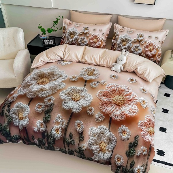 Lenjerie Pat 6 Piese 5D cu Cearșaf Elastic – Model Floral 3D Bej-Roz, LFL-081