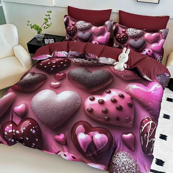 Lenjerie Pat 6 Piese 5D cu Cearșaf Elastic – Model Inimi 5D Roz și Vișiniu, LFL-083