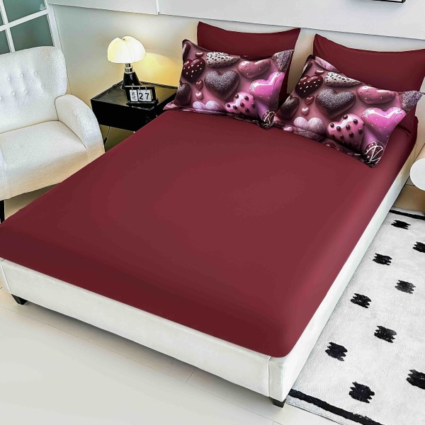 Lenjerie Pat 6 Piese 5D cu Cearșaf Elastic – Model Inimi 5D Roz și Vișiniu, LFL-083