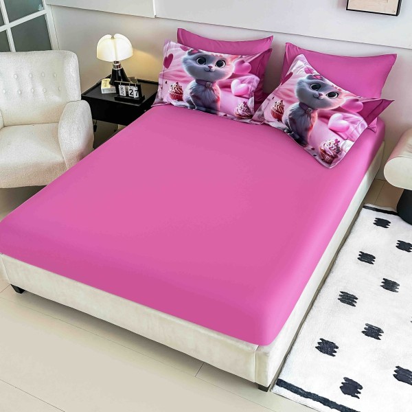 Lenjerie Pat 6 Piese 5D cu Cearșaf Elastic – Model Pisicuță Roz Cupcake, LFL-085