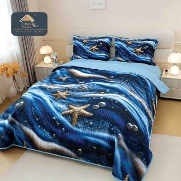 Cuvertură din Finet 220x240cm + 2 Fețe de Pernă – Model Stele de Mare Albastre, LTC-083