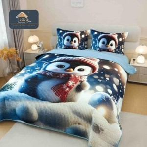 Cuvertură din Finet 220x240cm + 2 Fețe de Pernă –  Model Pinguin de Iarnă, Design 5D, LTC-084