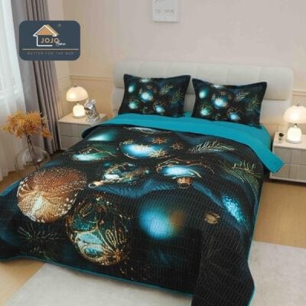 Cuvertură din Finet 220x240cm + 2 Fețe de Pernă – Model Globuri Aurii pe Fundal Albastru, LTC-085