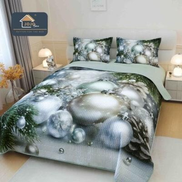 Cuvertură din Finet 220x240cm + 2 Fețe de Pernă – Model Globuri Argintii, Elegantă și Strălucitoare, LTC-088