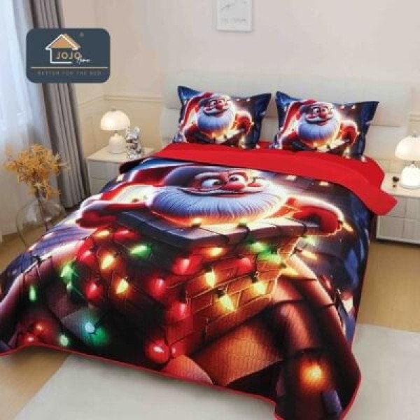 Cuvertură din Finet 220x240cm + 2 Fețe de Pernă – Model Crăciun cu Moș și Lumini Colorate, LTC-091