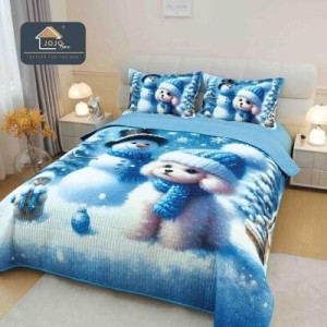 Cuvertură din Finet 220x240cm + 2 Fețe de Pernă – Model Cățel de Iarnă, Design Albastru, LTC-093