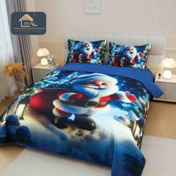 Cuvertură din Finet 220x240cm + 2 Fețe de Pernă – Model Crăciun Moșul Vesel Albastru Festiv, LTC-092