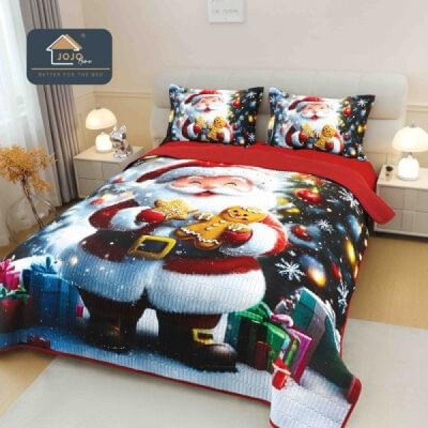 Cuvertură din Finet 220x240cm + 2 Fețe de Pernă – Model Moș Crăciun Festiv, LTC-094