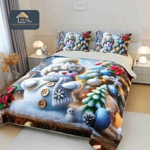 Cuvertură din Finet 220x240cm + 2 Fețe de Pernă – Model Om de Zăpadă și Brad de Crăciun, LTC-045