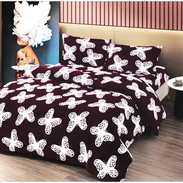 Set Lenjerie Cocolino 4 Piese Pat Dublu – Model Fluturi Alb pe Fundal Vișiniu, LDC-156