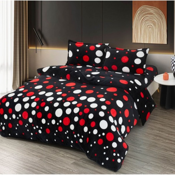 Set Lenjerie Cocolino 4 Piese Pat Dublu – Model Model Buline Roșii și Albe pe Fundal Negru, LDC-030