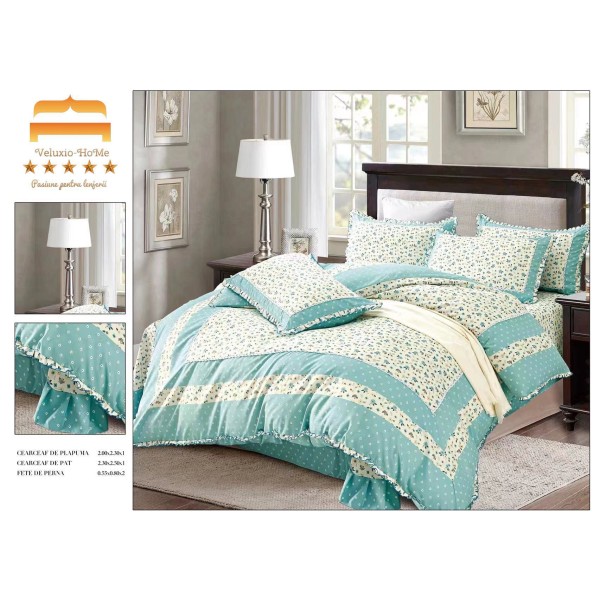 Lenjerie de pat finet 4 piese pat dublu cu volănașe – model floral bleu cu accente crem, LVF-004