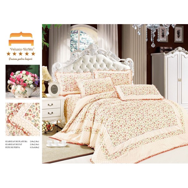 Lenjerie de pat finet 4 piese pat dublu cu volănașe – model floral elegant crem cu accente roz, LVF-001