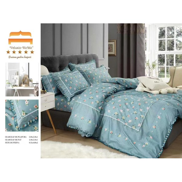 Lenjerie de pat finet 4 piese pat dublu cu volănașe – model floral bleu elegant, LVF-002