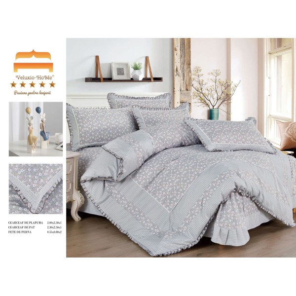 Lenjerie de pat finet 4 piese pat dublu cu volănașe gri – model floral elegant și delicat, LVF-005