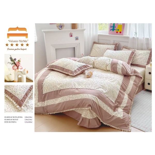 Lenjerie de pat finet 4 piese pat dublu cu volănașe – model roz pastel cu imprimeu floral delicat, LVF-008