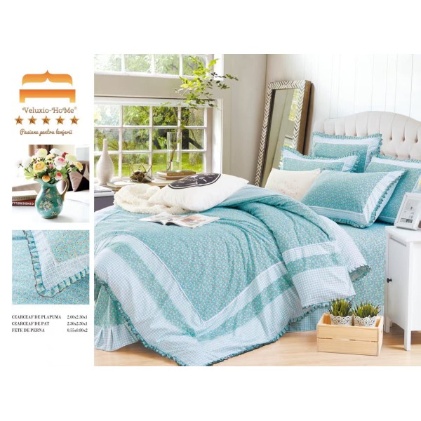 Lenjerie de pat finet 4 piese pat dublu cu volănașe – model floral turcoaz elegant, LVF-018