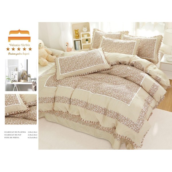 Lenjerie de pat finet 4 piese pat dublu cu volănașe – model bej floral elegant, LVF-012