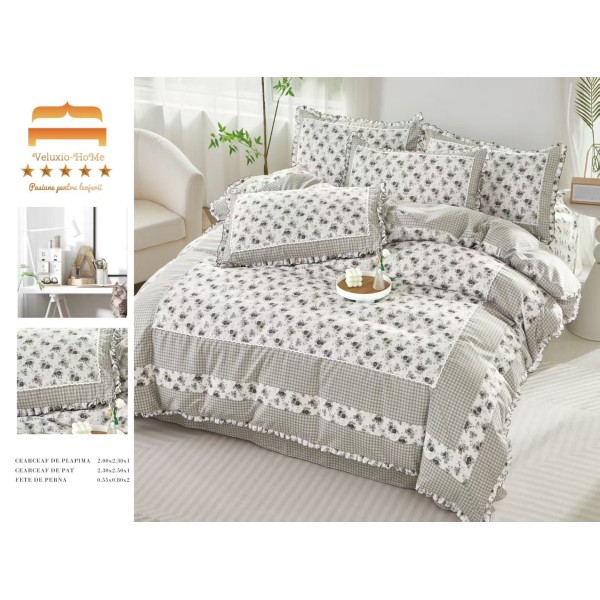 Lenjerie de pat finet 4 piese pat dublu cu volănașe – model gri floral elegant, LVF-015