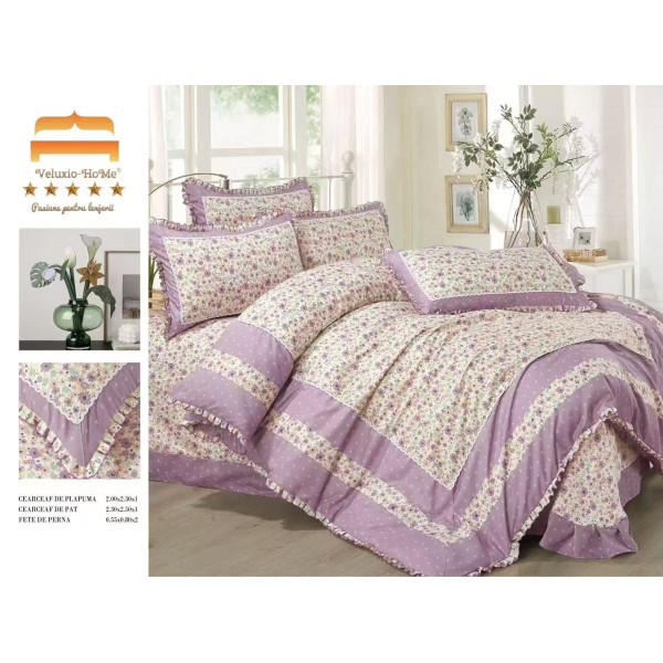 Lenjerie de pat finet 4 piese pat dublu cu volănașe – model floral mov elegant, LVF-022