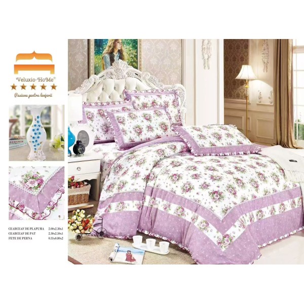 Lenjerie de pat finet 4 piese pat dublu cu volănașe – model floral mov elegant, LVF-007