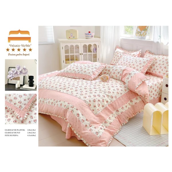 Lenjerie de pat finet 4 piese pat dublu cu volănașe – model floral roz pastel, elegantă și rafinată, LVF-017