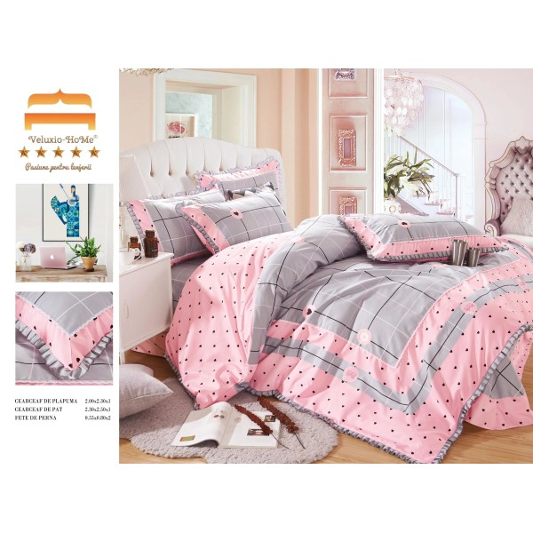 Lenjerie de pat finet 4 piese pat dublu cu volănașe – model elegant cu inimioare și carouri, LVF-014