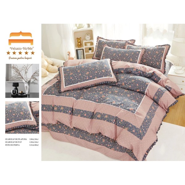 Lenjerie de pat finet 4 piese pat dublu cu volănașe – model floral elegant bleu și roz pudră, LVF-024