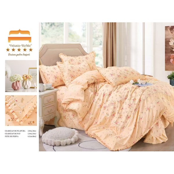 Lenjerie de pat finet 4 piese pat dublu cu volănașe – model floral bej pastel, LVF-027