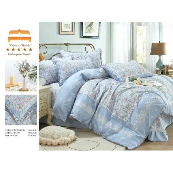 Lenjerie de pat finet 4 piese pat dublu cu volănașe – model floral albastru pastel, LVF-028