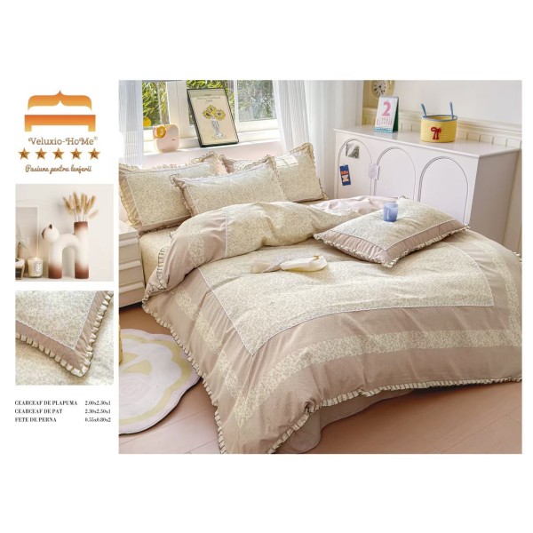 Lenjerie de pat finet 4 piese pat dublu cu volănașe – bej elegant cu dantelă fină, LVF-029