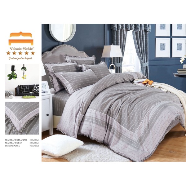 Lenjerie de pat finet 4 piese pat dublu cu volănașe – model gri elegant cu dungi fine, LVF-030