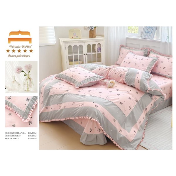 Lenjerie de pat finet 4 piese pat dublu cu volănașe – Roz Gri Fundițe, Elegantă și Delicată, LVF-031