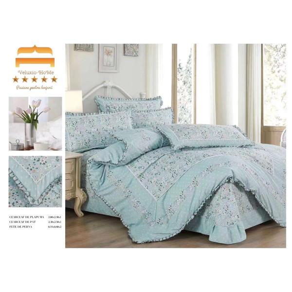 Lenjerie de pat finet 4 piese pat dublu cu volănașe – model bleu floral elegant, LVF-032