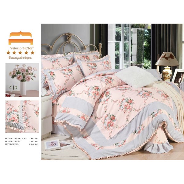 Lenjerie de pat finet 4 piese pat dublu cu volănașe – model floral roz elegant, LVF-034