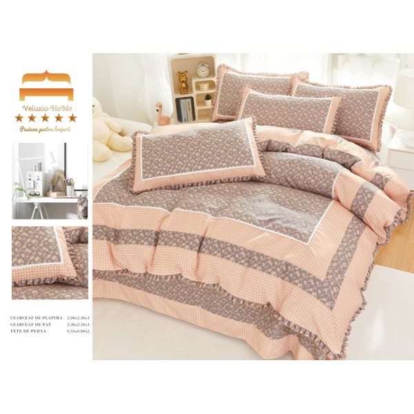 Lenjerie de pat finet 4 piese pat dublu cu volănașe – model floral bej gri, elegantă și delicată, LVF-037