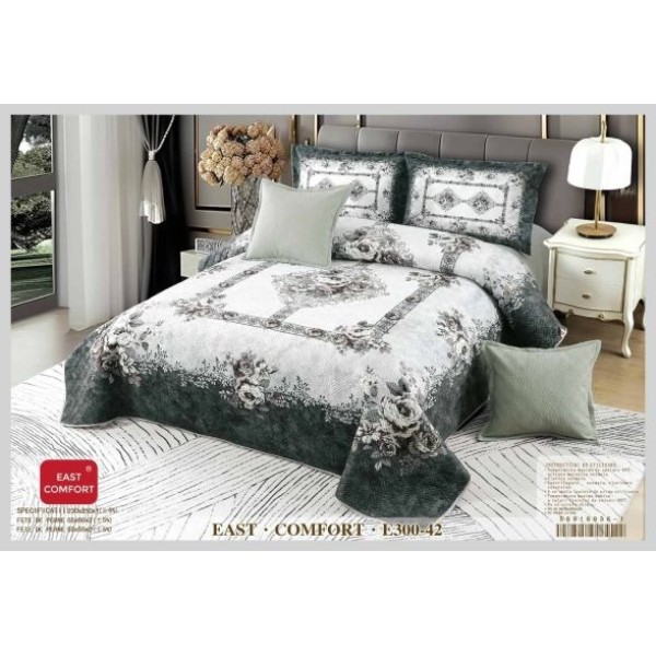 Set Cuvertură Catifea Pat Dublu cu 4 Fețe de Pernă – Model Floral Elegant Alb Gri, E300-42