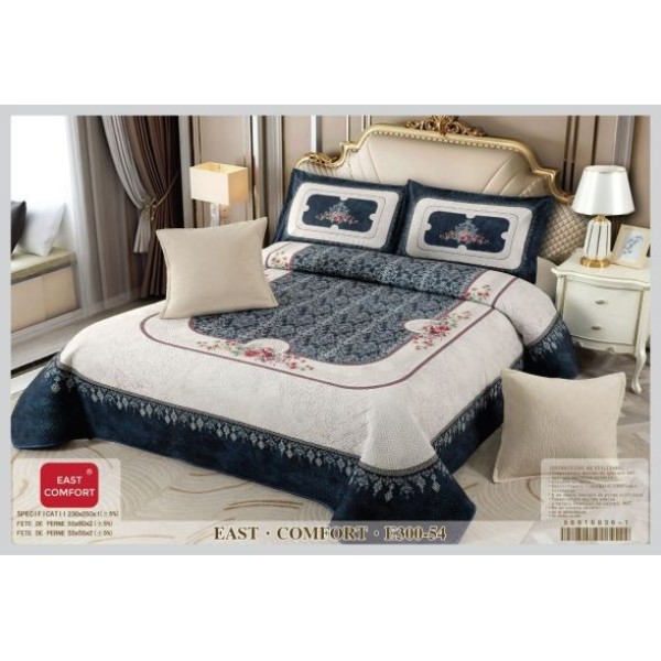 Set Cuvertură Catifea Pat Dublu cu 4 Fețe de Pernă – Model Elegant Albastru cu Bej, E300-12