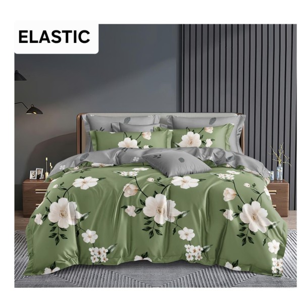 Set Lenjerie Bumbac Satinat 4 Piese Pat Dublu cu Cearșaf cu Elastic – Model Verde cu Flori Albe, LDBS-342