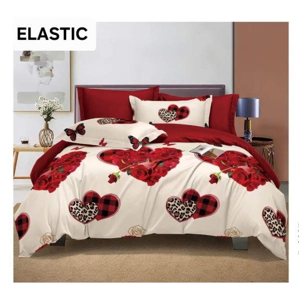 Set Lenjerie Bumbac Satinat 4 Piese Pat Dublu cu Cearșaf cu Elastic – Model Inimi Roșii și Trandafiri, LDBS-345