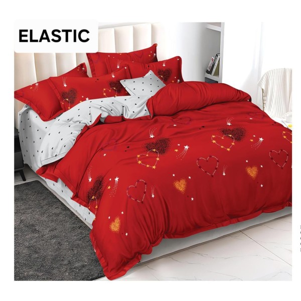 Set Lenjerie Bumbac Satinat 4 Piese Pat Dublu cu Cearșaf cu Elastic – Model Roșu Inimi și Stele, LDBS-347
