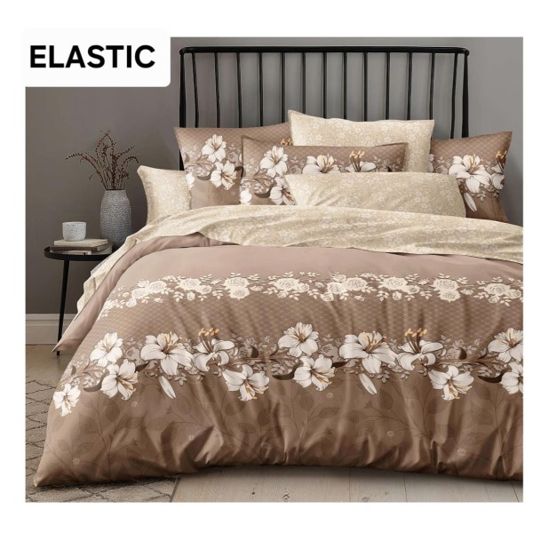 Set Lenjerie Bumbac Satinat 4 Piese Pat Dublu cu Cearșaf cu Elastic – Model Cappuccino Floral Elegant, LDBS-348