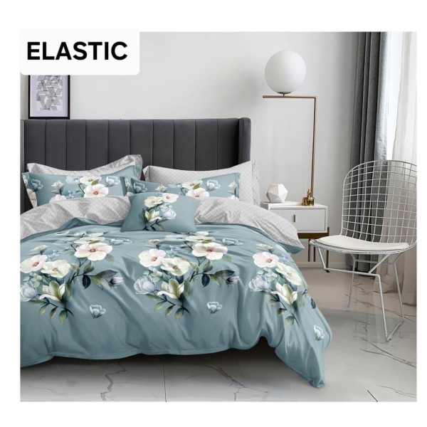 Set Lenjerie Bumbac Satinat 4 Piese Pat Dublu cu Cearșaf cu Elastic – Model Floral Albastru Pastel, LDBS-349