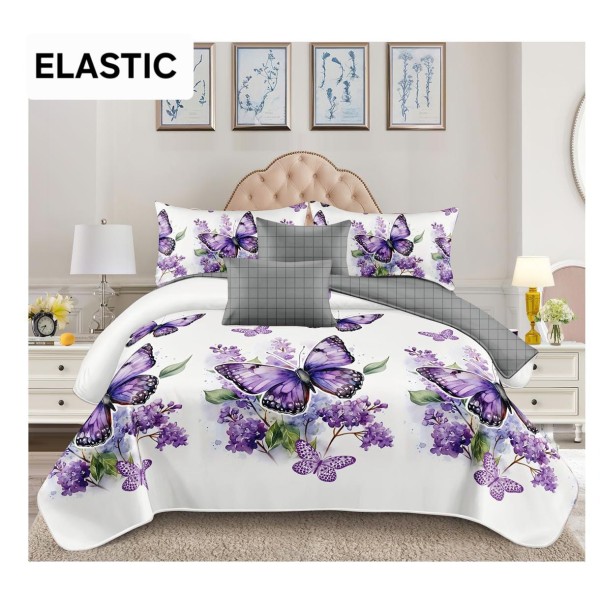 Set Lenjerie Bumbac Satinat 4 Piese Pat Dublu cu Cearșaf cu Elastic – Model Fluturi Mov pe Fundal Alb, LDBS-350