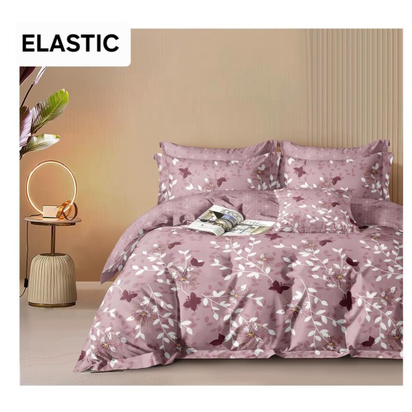 Set Lenjerie Bumbac Satinat 4 Piese Pat Dublu cu Cearșaf cu Elastic – Model Floral Lila Elegant, LDBS-351